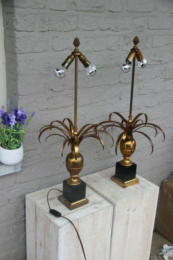 PAIR hollywood regency MAison Jansen Brass palm  leafs table lamps 1970