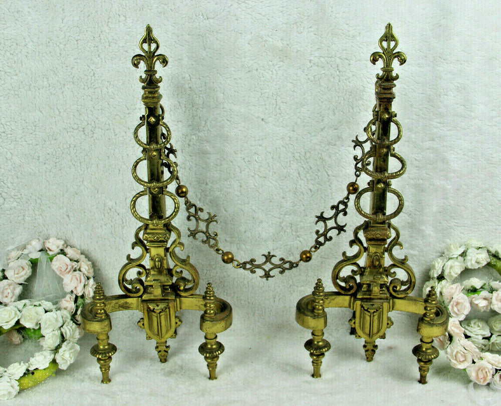 PAIR antique Bronze fleur de lys French fireplace andirons shields armor