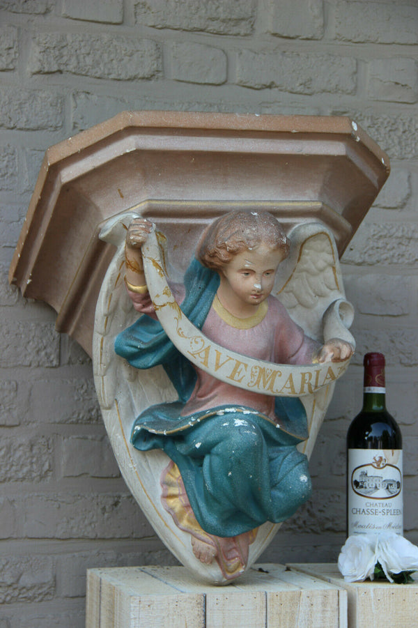 Huge Religious Church antique Plaster polychrome wall console angel