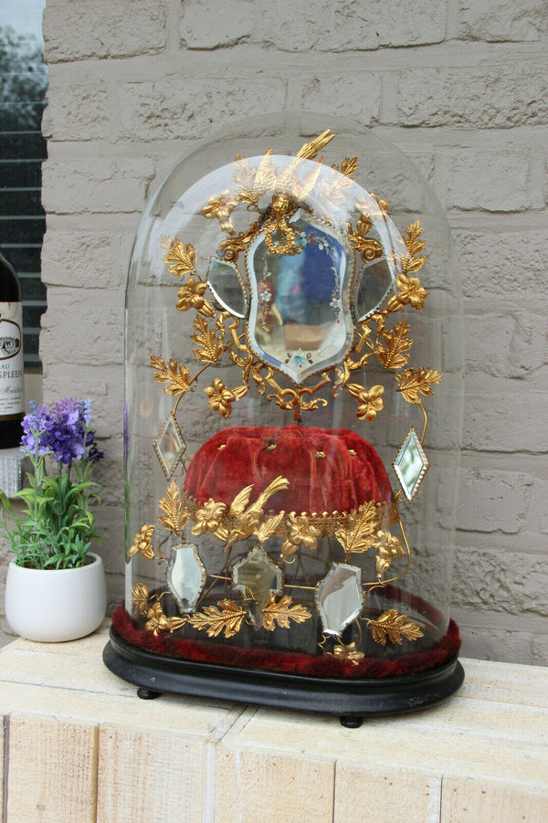 Antique Victorian Bridal wedding dome Globe Glass mirror enamel bird