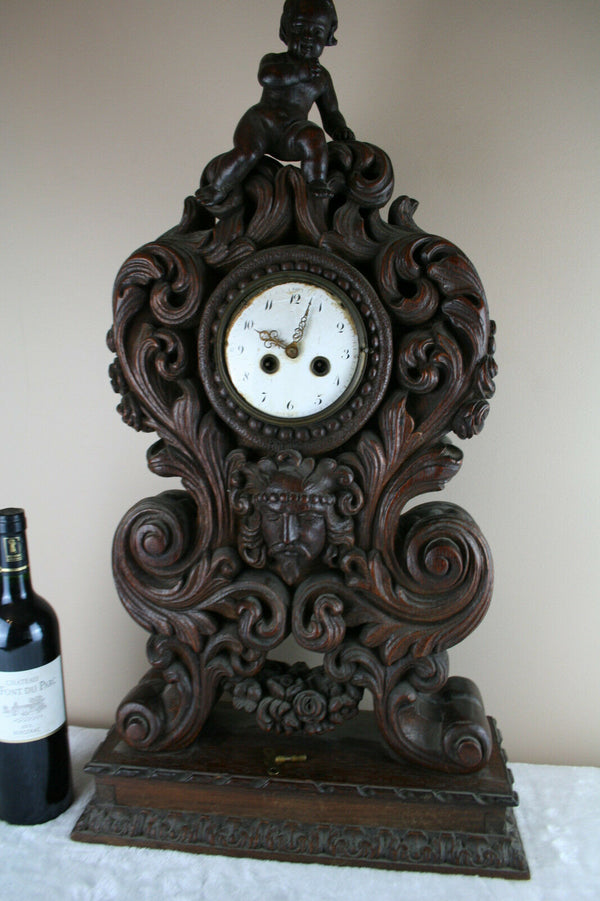 RARE! XXL Wood carved Black forest design Satyr putti 19thc French mantle clock