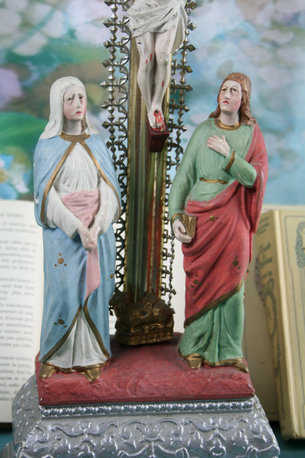 Antique  french Stoneware chalkware Crucifix calvary Mother mary magdalena