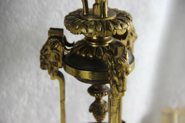 Antique empire French clock set candelabras ram heads paws onyx marble base