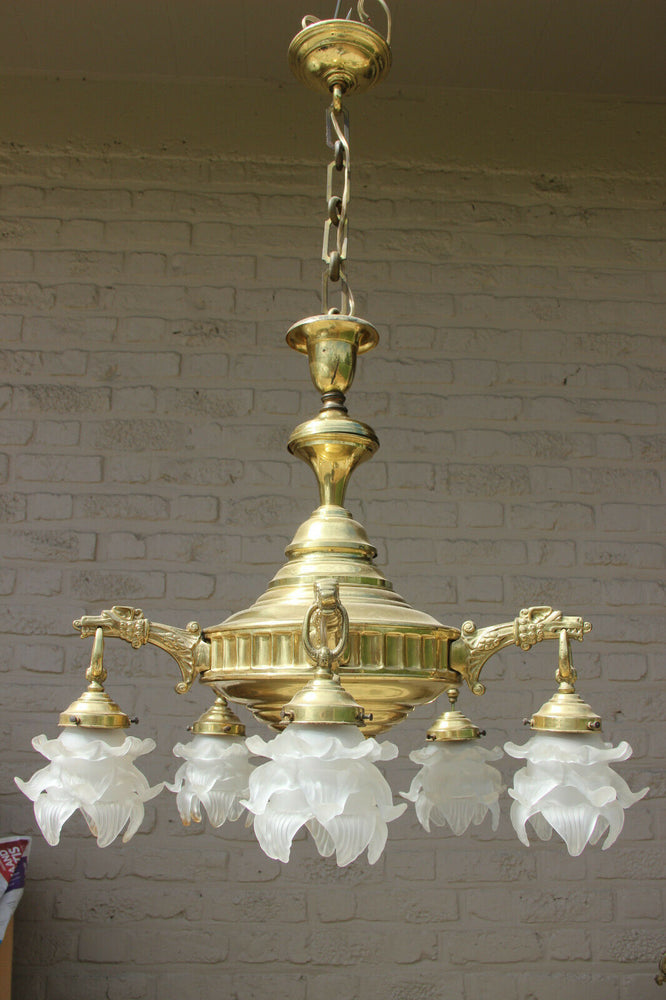 Antique French brass Gothic Dragon eagle heads tulip glass heads