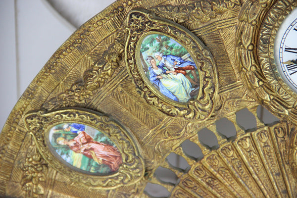 Unusual Bronze porcelain plaque medaillon victorian scene Clock fan form 1960