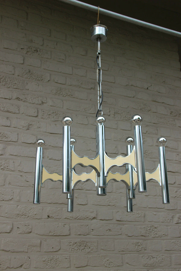 Mid century SCIOLARI 9 arm tube chrome Chandelier Italy 1970