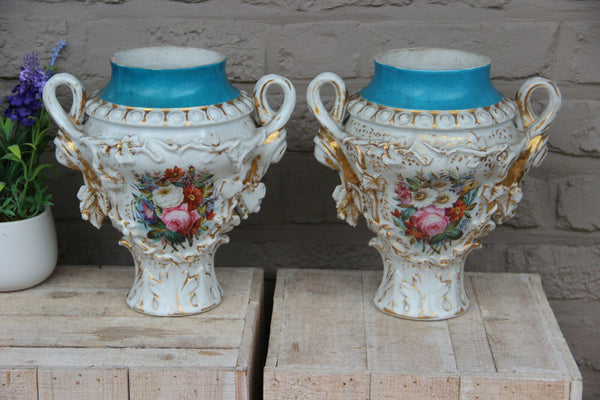 PAIR antique French vieux paris porcelain vases Floral hand paint decor