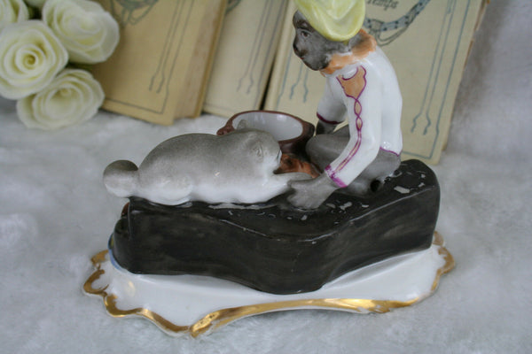 Unusual Paris Porcelain Inkstand inkwell monkey cat FRANCE 19th c petit