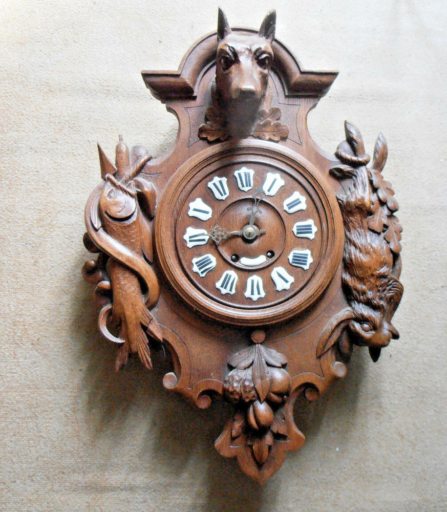 Antique Black forest wood carved hunting trophy clock fish rabbit dog 1900