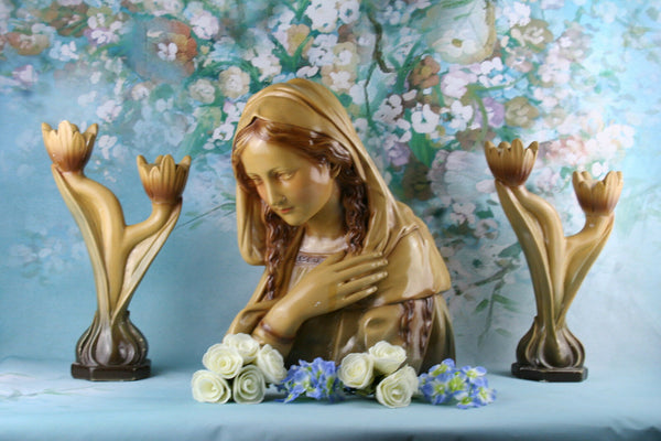 French altar Buste set Holy Virgin Mary Madonna with 2 matching candleholders