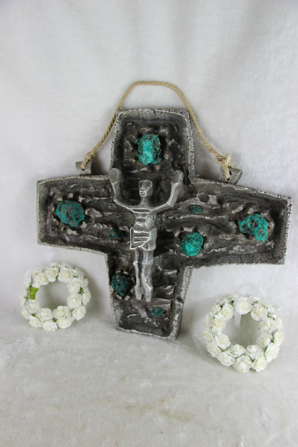 HUGE Rare BRUTALIST Stoneware malachite stones Crucifix cross religious christ