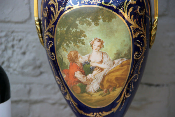 PAIR French Sevres Limoges cobalt blue romantic Scene Vases