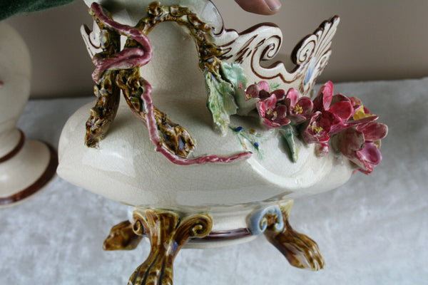 Huge Mantle set Barbotine majolica Garniture vases centerpiece set 1900 French