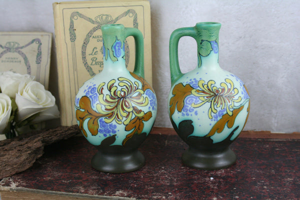 1920's Gouda Schoonhoven pottery Ceramic floral vases PAIR marked
