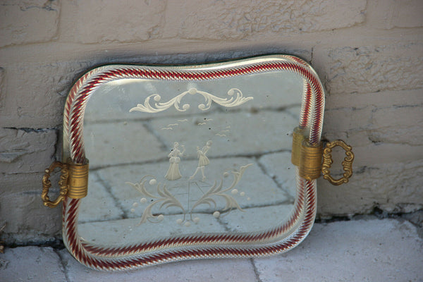 Etched MURANO mirror Glass victorian figurines Scene tray plate presentation 60