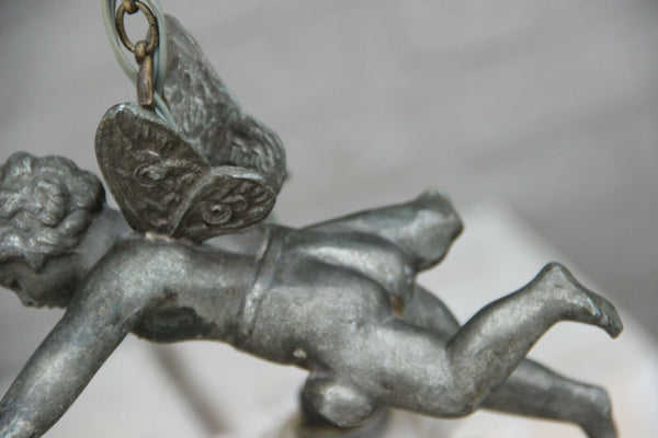 Superb antique parisian spelter bronze putti angel pendant lantern chandelier