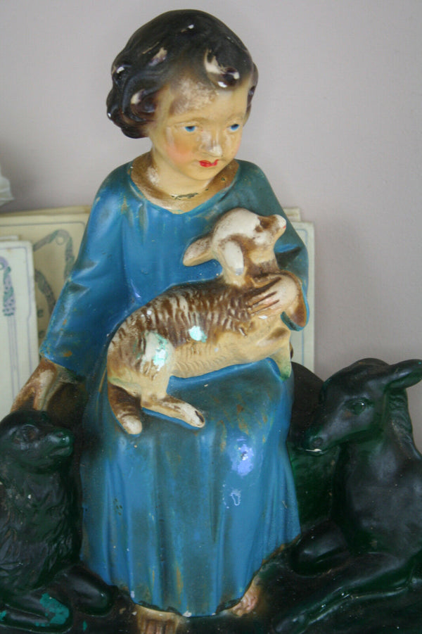 Antique French chalkware religious Lamb girl signed arnova statue sculpture