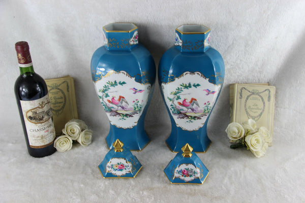 Pair French Limoges porcelain marked Vases Birds decor turquoise blue