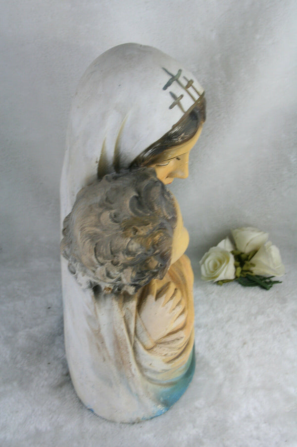 Rare antique Belgian Bust Madonna Mary jesus child religious plaster marked