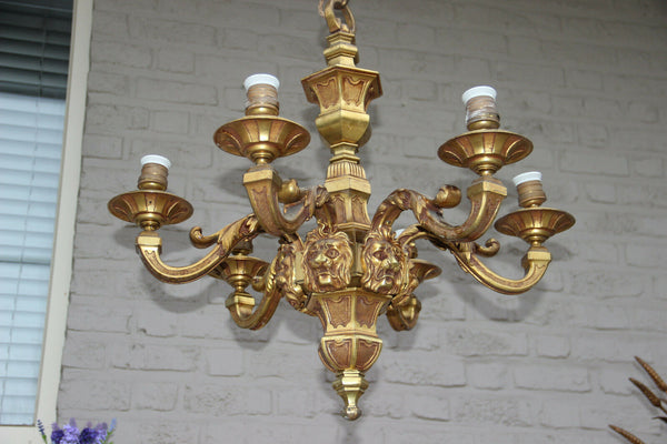 LARGE French antique MAZARIN bronze lions heads 6 arms chandelier