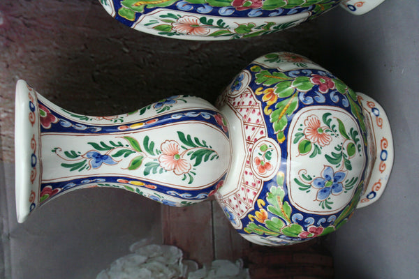 Set of 3 DELFT polychrome pottery Vases Marked floral decor mantel garniture