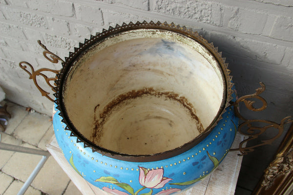 HUGE Antique Art nouveau ceramic barbotine enamel Planter jardiniere Floral