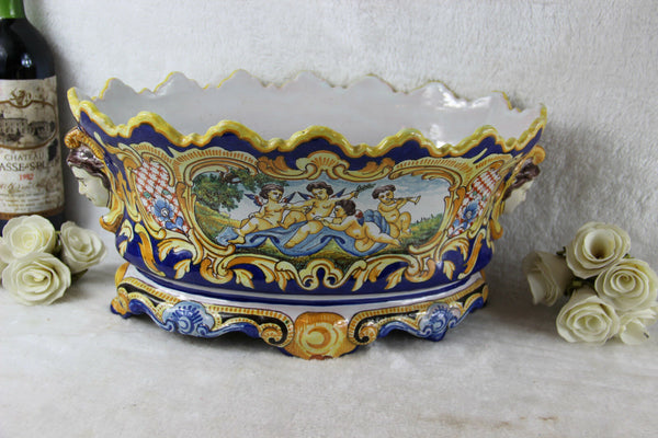 Gorgeous antique FRENCH MONTAGNON faience de nevers Planter jardiniere putti