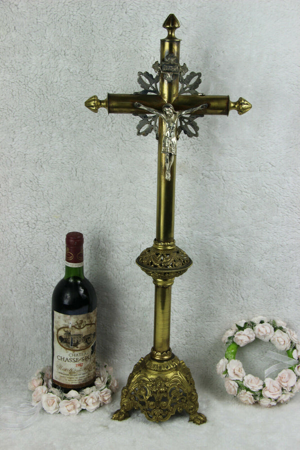 Antique XL French Altar religious 19thc Brass bronze Crucifix dragon heads base