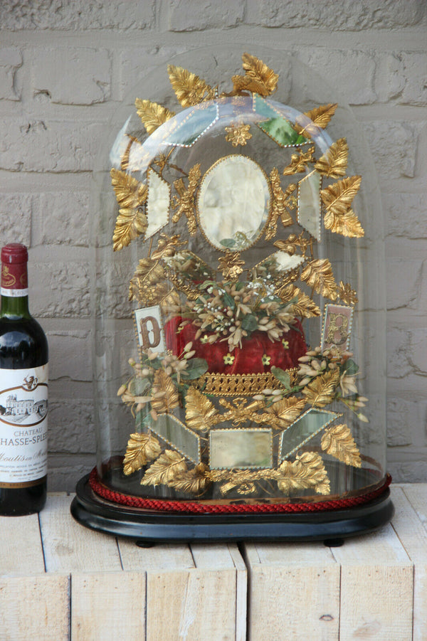 Antique Victorian Bridal wedding dome Globe Glass with tiara wax initials