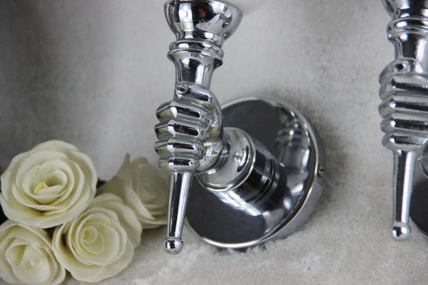 PAIR mid century 1970 Chrome Hand wall lights sconces opaline glass attr jansen