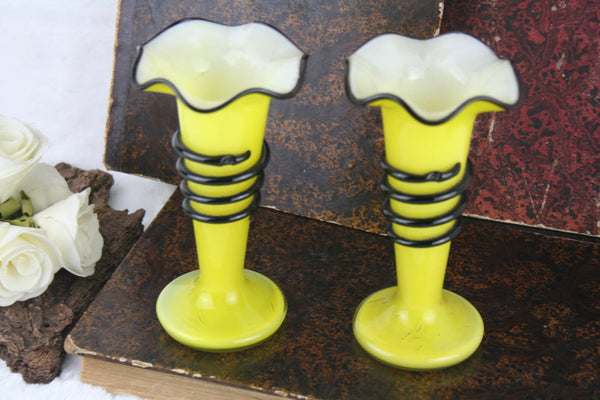 Set of 2 Vintage opaline glass yellow coloured black snake 1960's