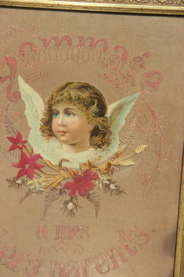 Antique Communion gift French embroidery framed Angel putti religious