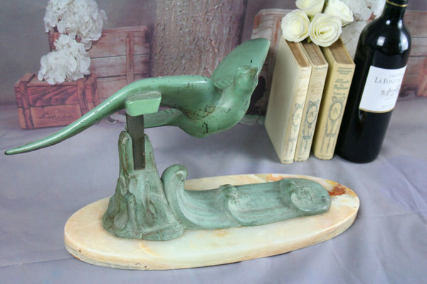 ART Deco 1930's French Metal green patinated Bird on onyx base sculpture