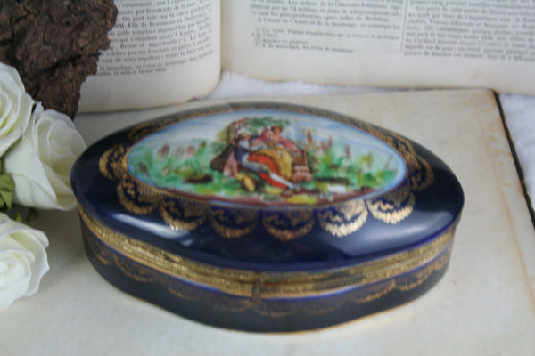 Antique Cobalt blue porcelain bonbonniere box victorian scene marked