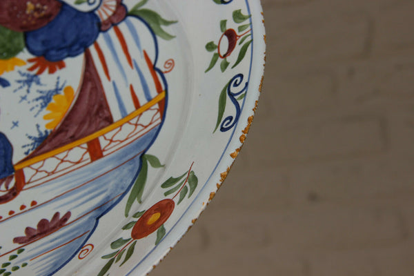 LARGE Antique Dutch Delft 19thc polychrome pottery wall Plate Chinoiserie decor