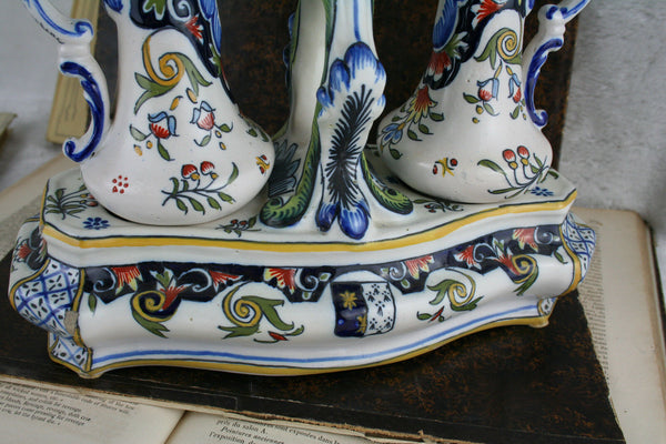 Antique French Faience Oil & vinegar kitchen set polychrome stand