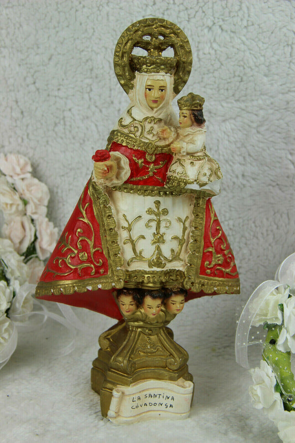 Rare Antique French chalkware MAdonna statue de COVADONGA Spanish putti angels