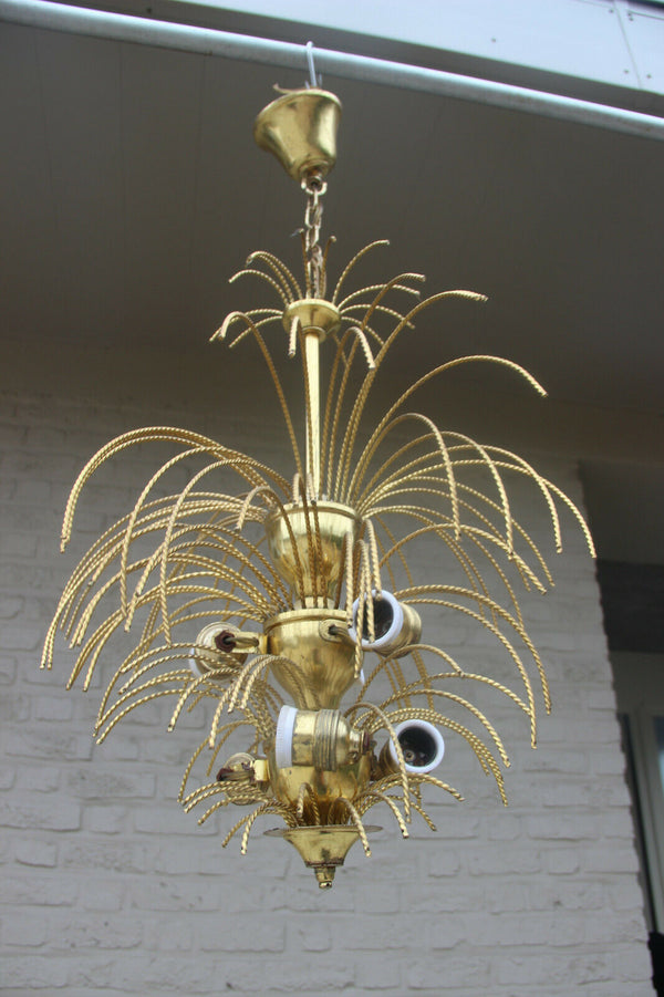 Mid century 1960 brass metal  maison jansen era palm tree chandelier pendant n2