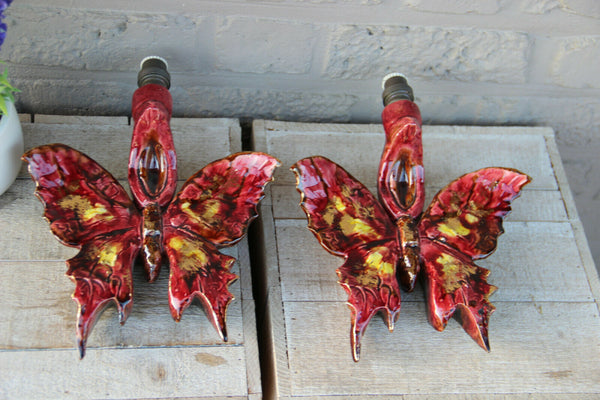 PAIR french vintage Vallauris ceramic butterfly wall lights sconces rare 1970
