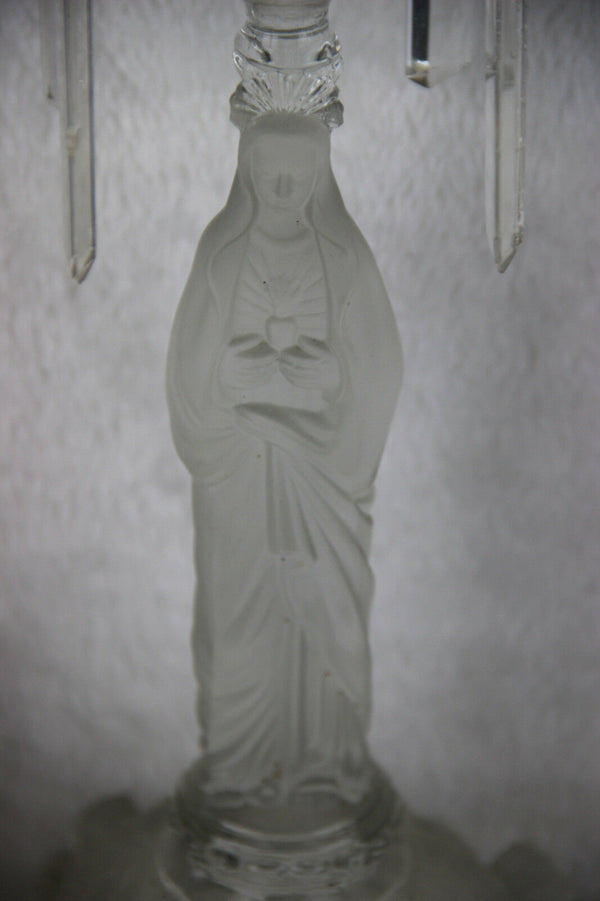PAIR Rare frosted Glass Sacred Heart Candlestic Madonna Val Saint Lambert 1913