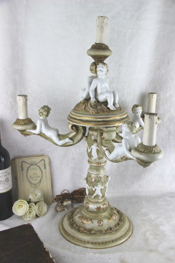 Gorgeous Italian Faience Putti cherubs angels 3 arms candelabra lamp  1960's