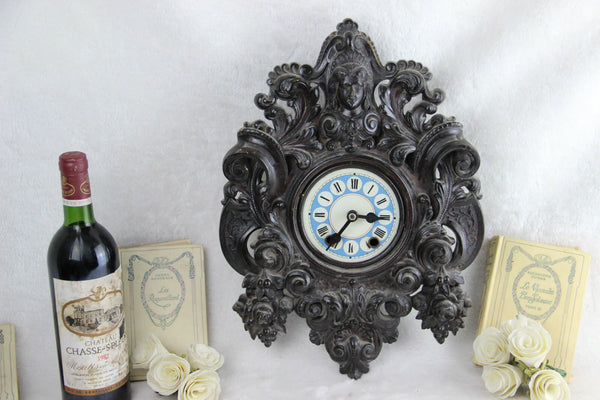 RARE Antique BLACK FOREST wood carved german wall clock caryatid lady head
