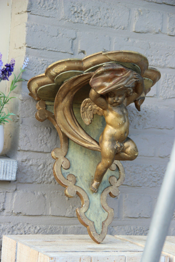 Antique italian gilt carved Wood & plaster putti angel figurine wall console