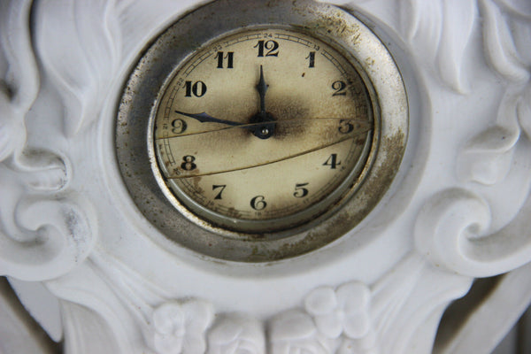 French vintage Bisque porcelain romantic couple clock group 1960