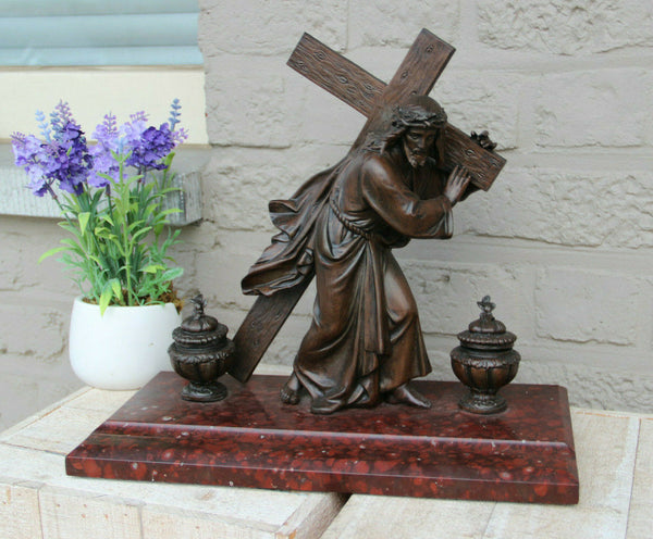 Antique French spelter bronze marble base Jesus christ cross statue inkwell