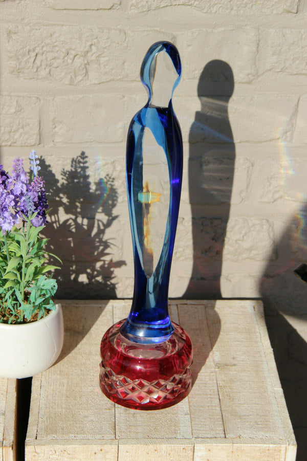 RARE Belgian VAL SAINT LAMBERT Crystal blue glass madonna figurine religious