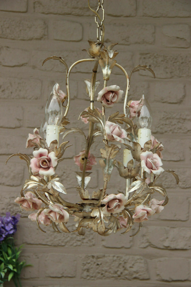 Vintage French cute metal silver gilt pink porcelain Flowers Chandelier 1970