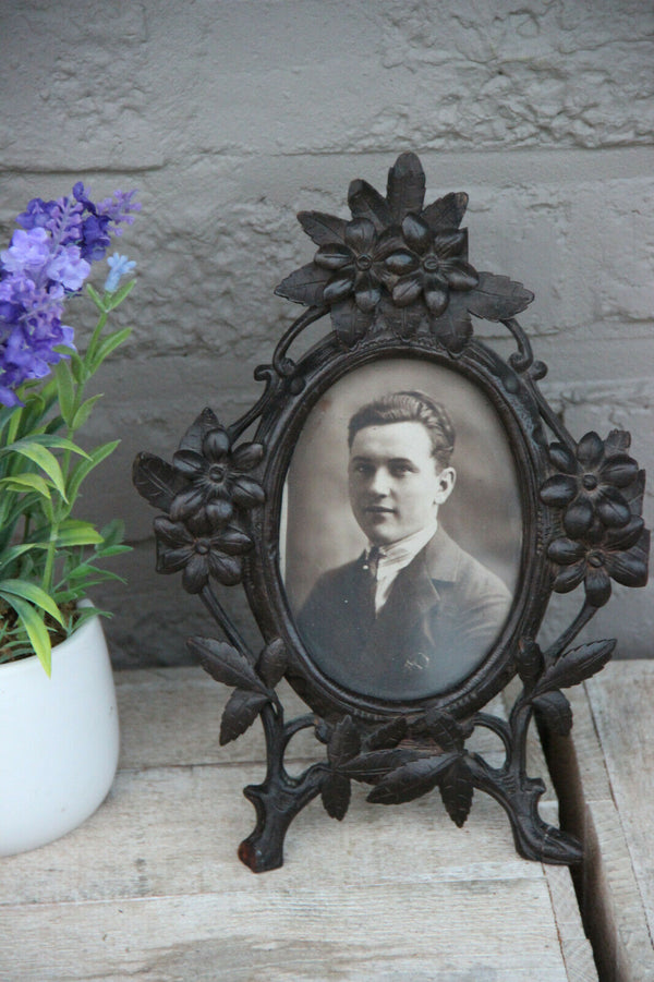 Antique 19th c Black forest wood carved picture photo  frame floral decor