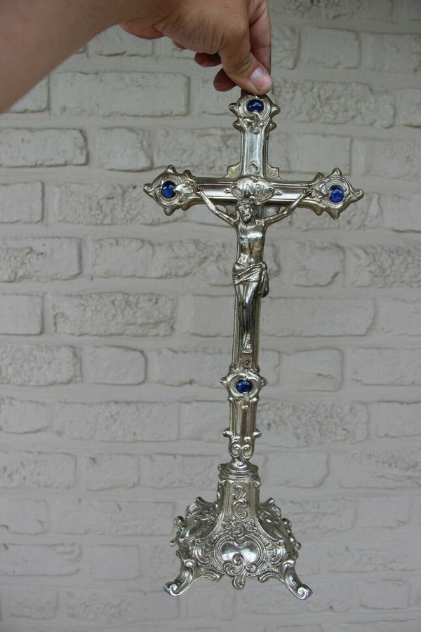 Antique French spelter silver patina Crucifix blue stones Cross religious