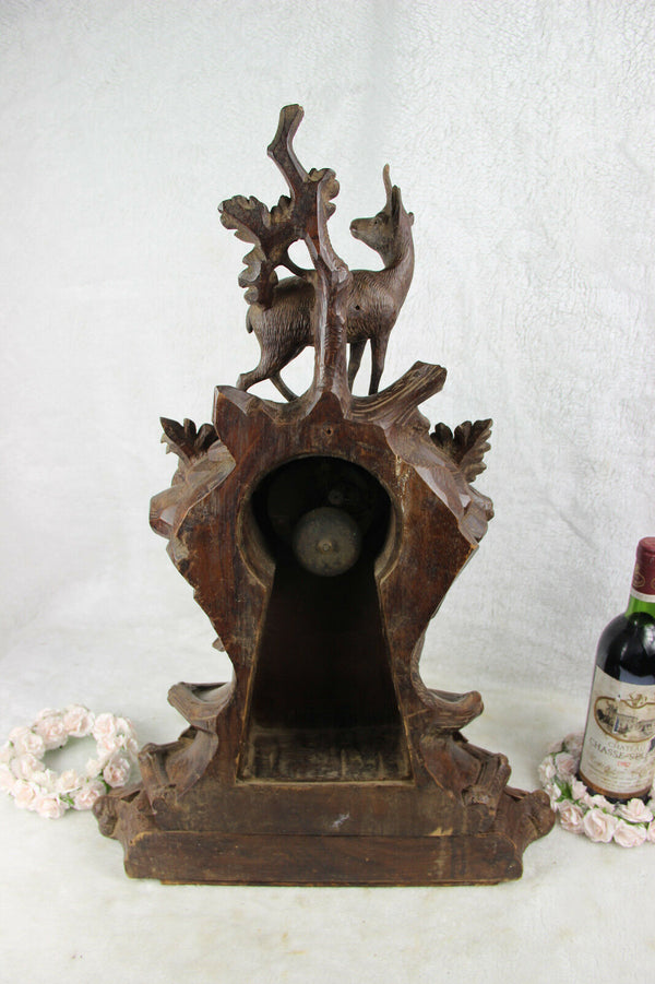 Huge BLACK FOREST wood carved 1885 Clock deer hunt birds marked